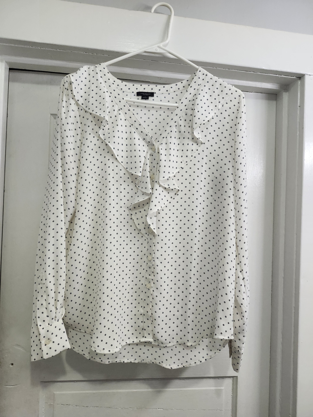 Ann Taylor White Blouse with Black Polka Dots and Ruffle V-Neck